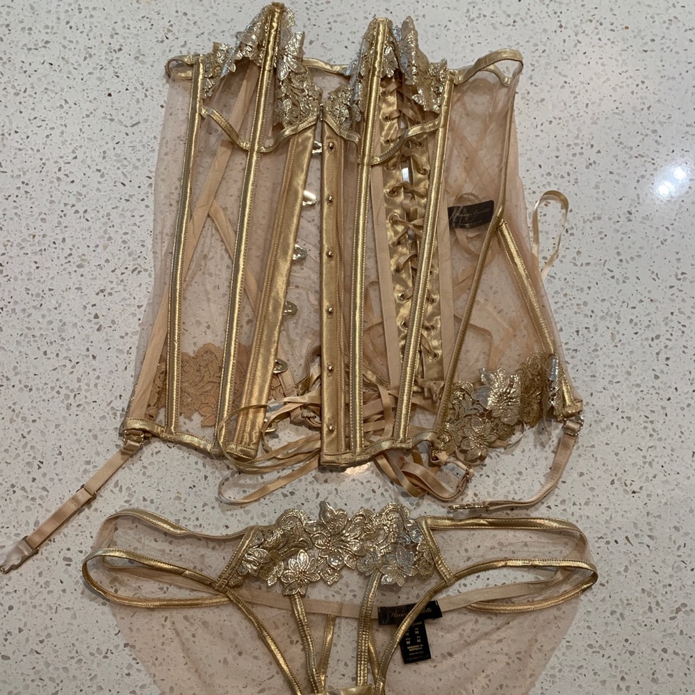 Gold Honey Birdette Lingerie corset and panty